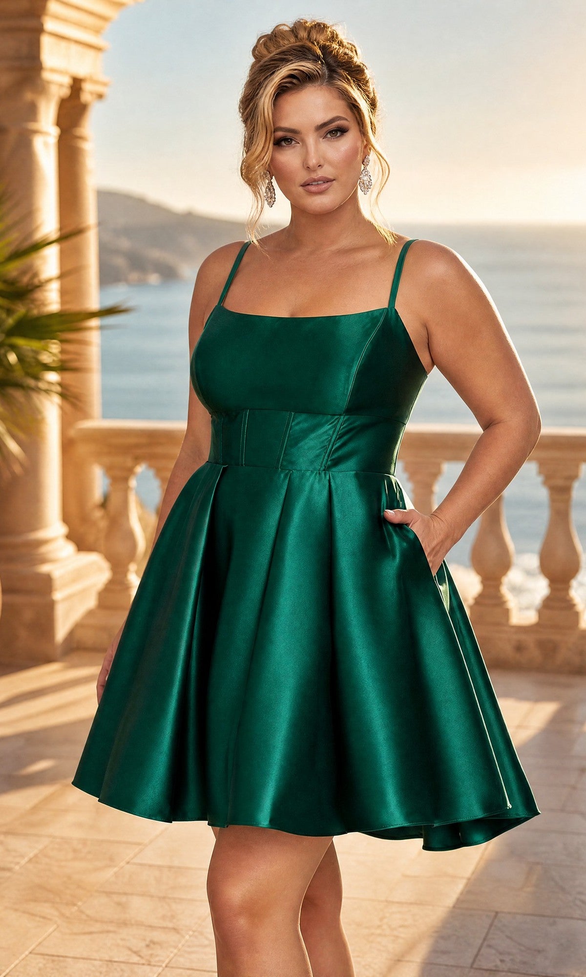 A woman wearing the Plus-Size Mini Hoco Dress: Blondie Nites 6322BNW in hunter, featuring a sleeveless satin design with a fitted bodice and flared skirt, stands on a terrace overlooking the ocean.